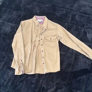 Tan Button Down Shirt with Notched Collar and Cuffed Sleeves